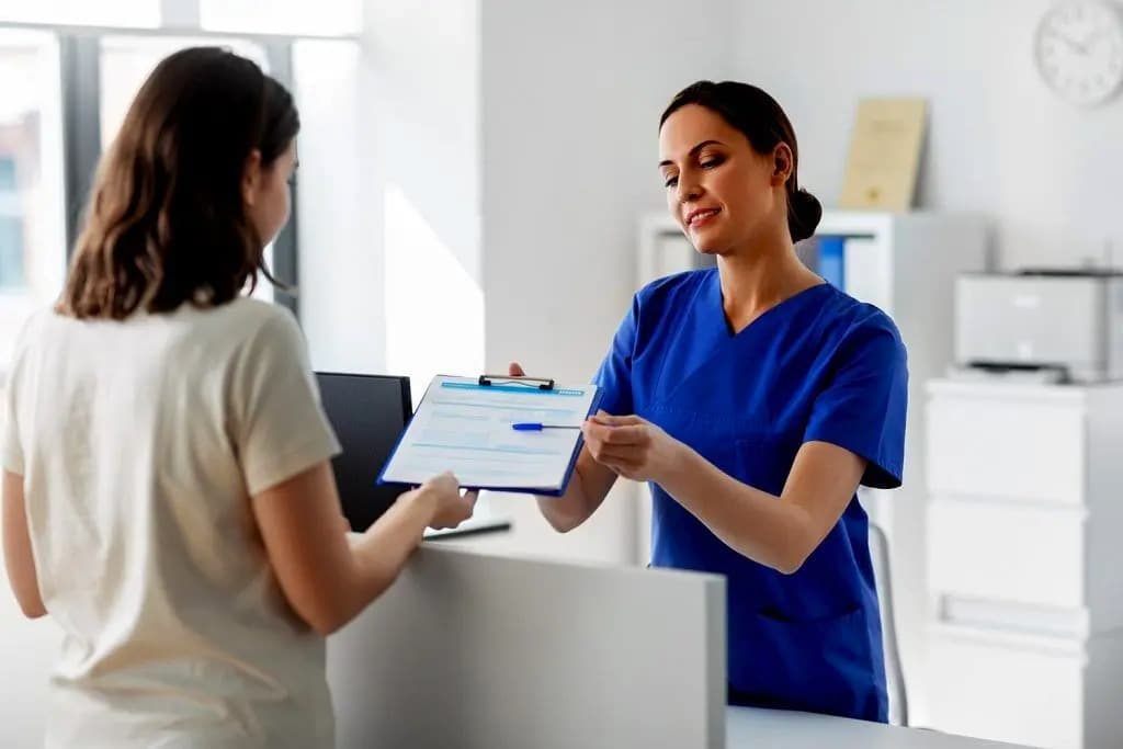 Nurse helping a patient register at the front desk